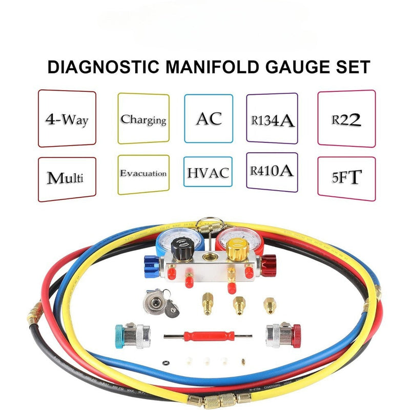 4 Way AC Diagnostic Manifold Gauge Set, Fits R134A R410A and R22 Refrigerants, with 5FT Hose, 3 Tank Adapters, Adjustable Couplers and Can Tap